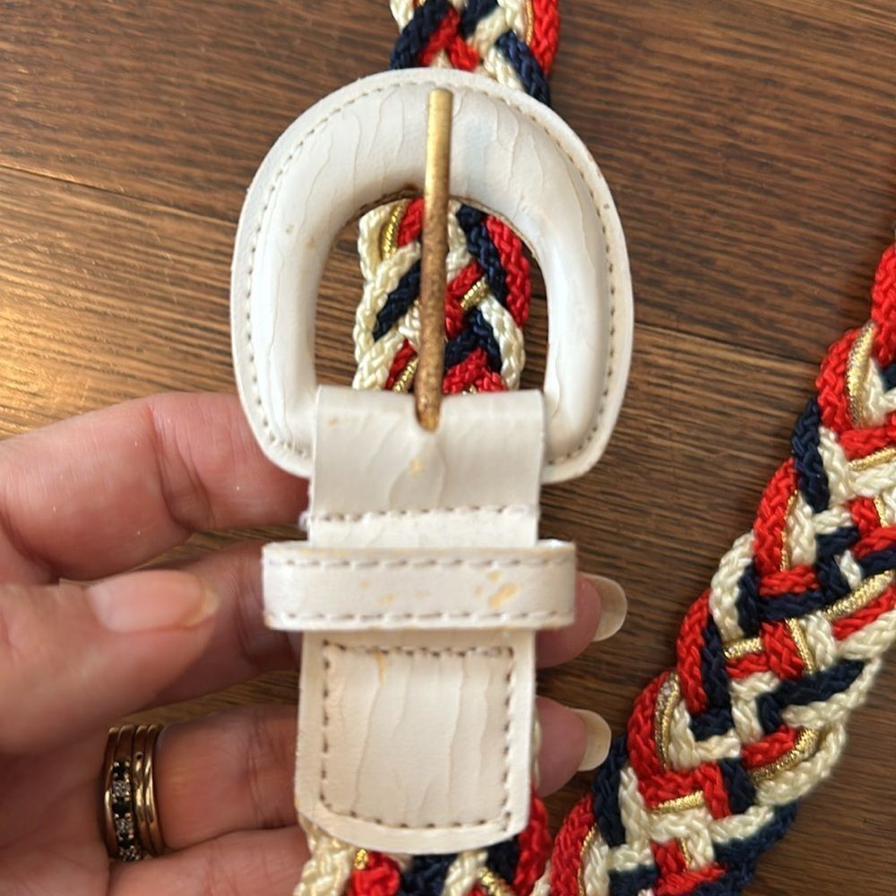 Vintage 70s red, white, navy blue & gold woven nylon cord belt - Picture 8 of 8